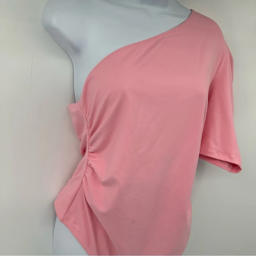 Free People Somethin Bout You Womens One Shoulder Ruched Bodysuit Pink Large NWT